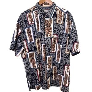 Robert Stock Hawaiian Tiki Graphic Resort Aloha Short Sleeve Button Shirt Large